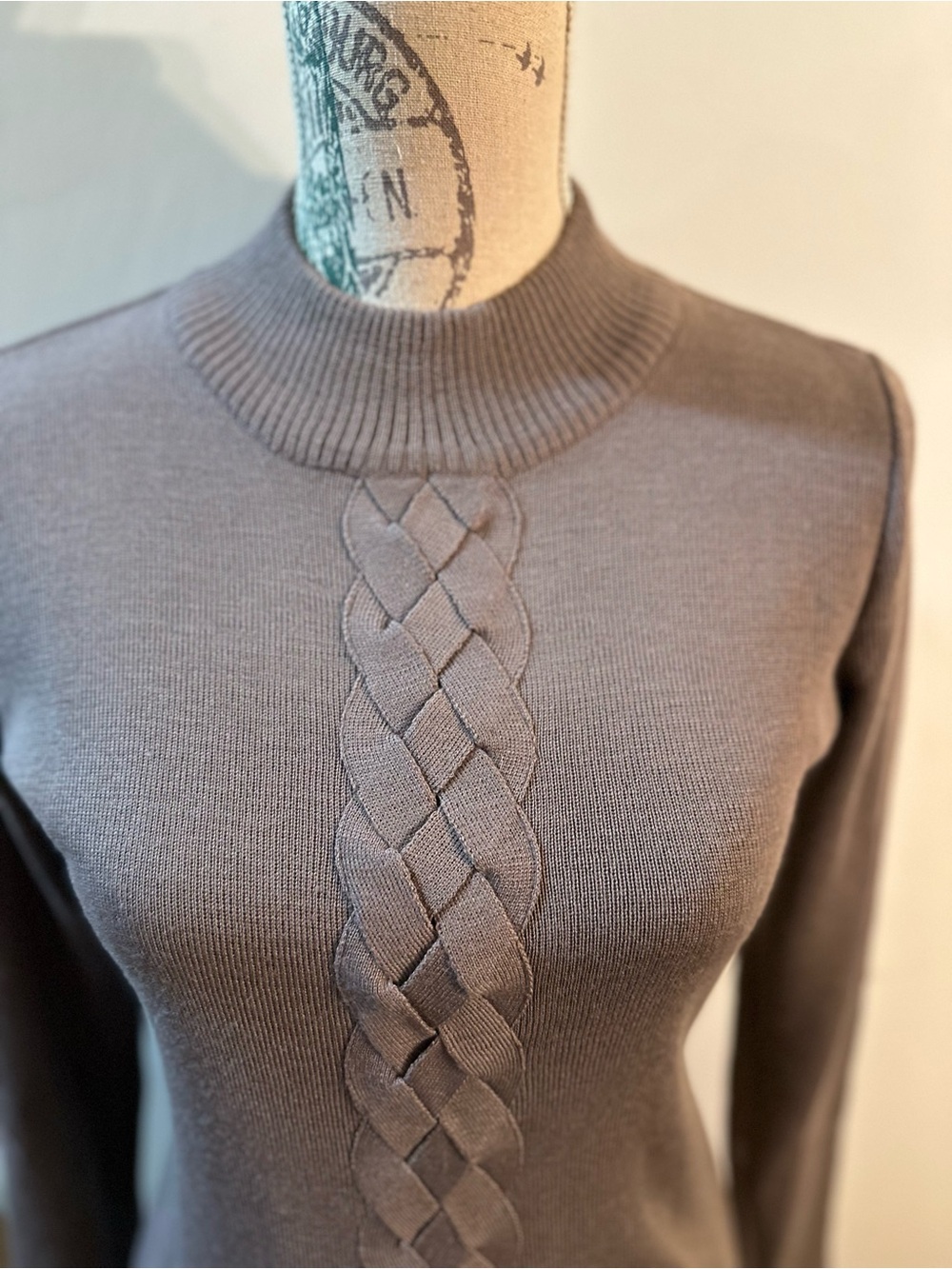 Long-Sleeve Taupe Knit Dress with Braided Front - Picture 3 of 12